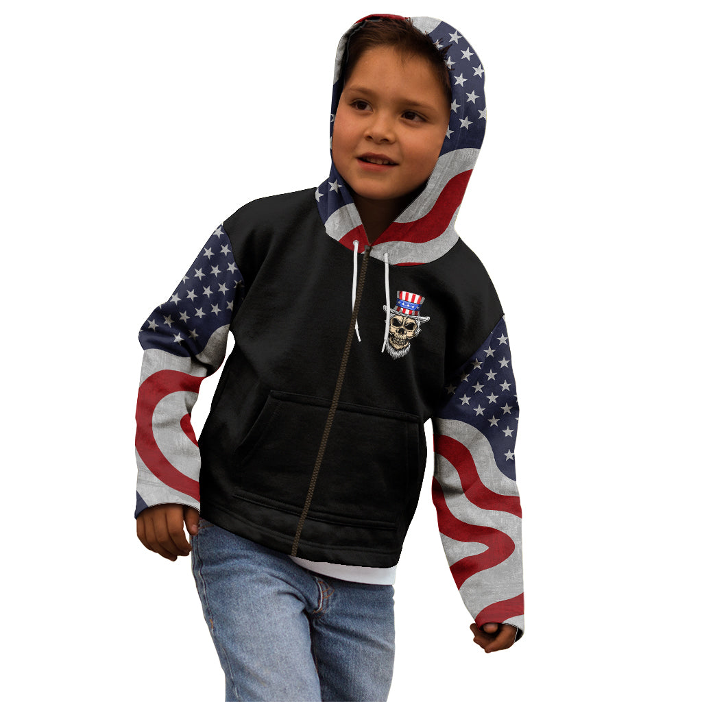Black pullover hoodie with American flag sleeves and front skull logo