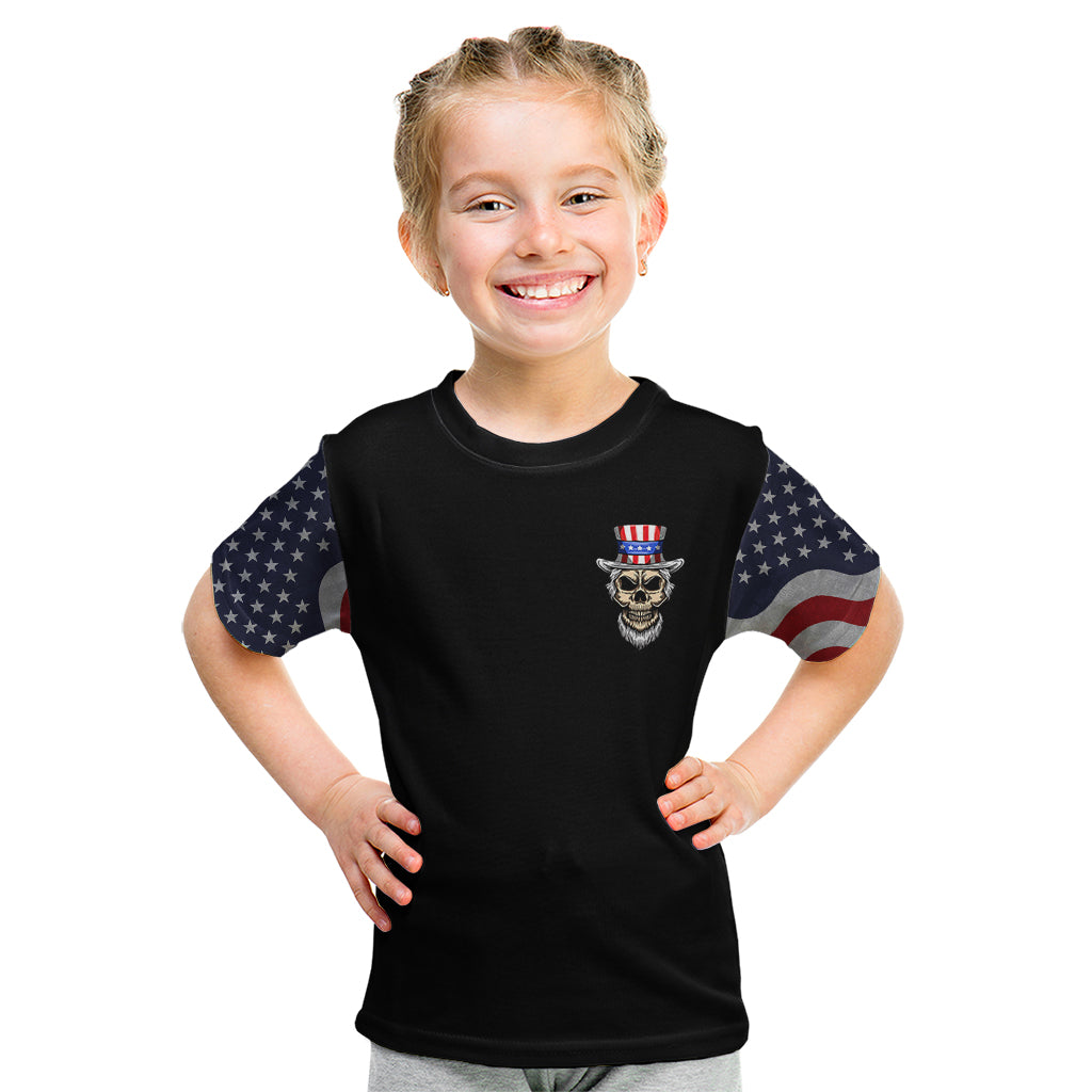 Black kids T-shirt with front skull emblem and American flag sleeves