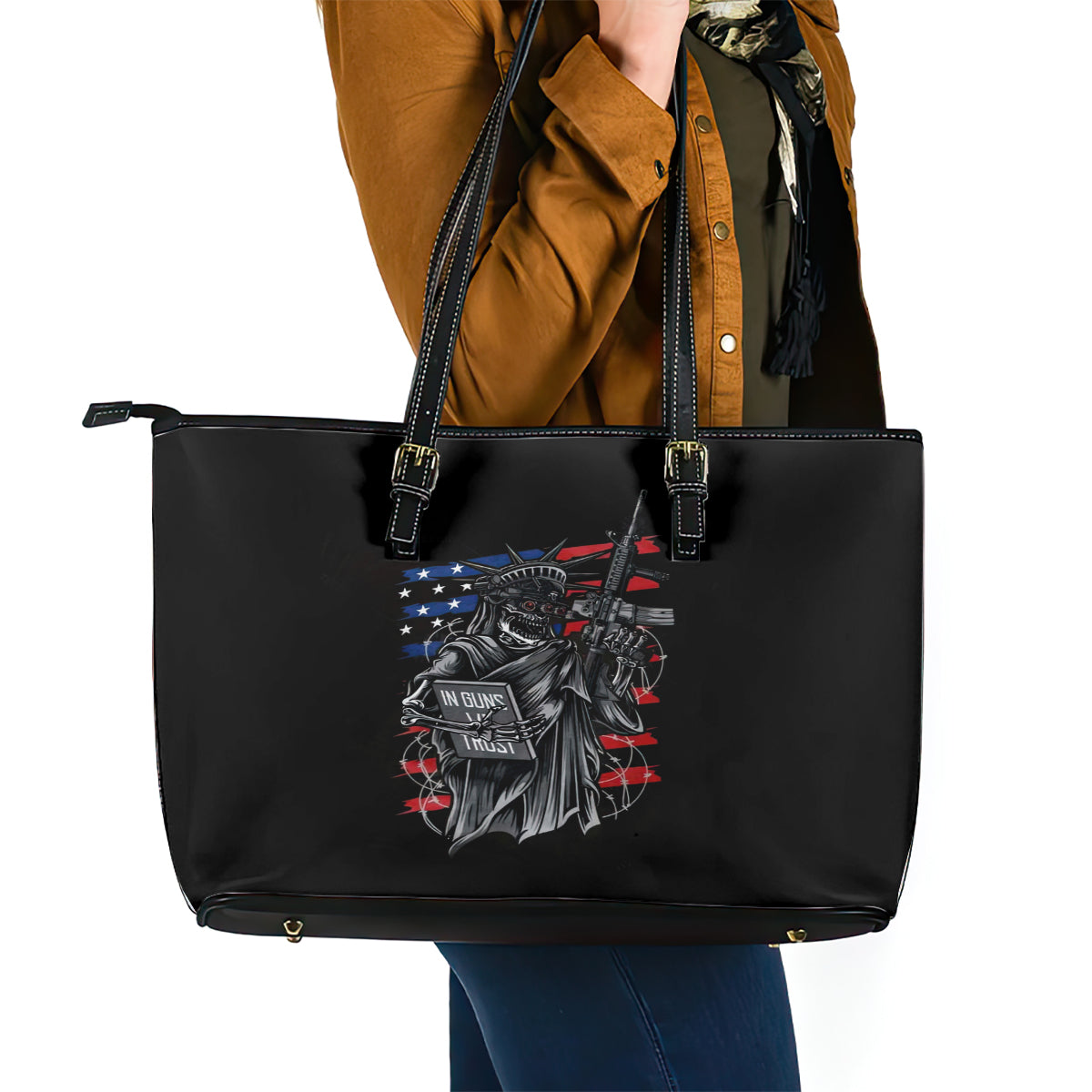 American Skull Leather Tote Bag In Gun We Trust - Wonder Print Shop