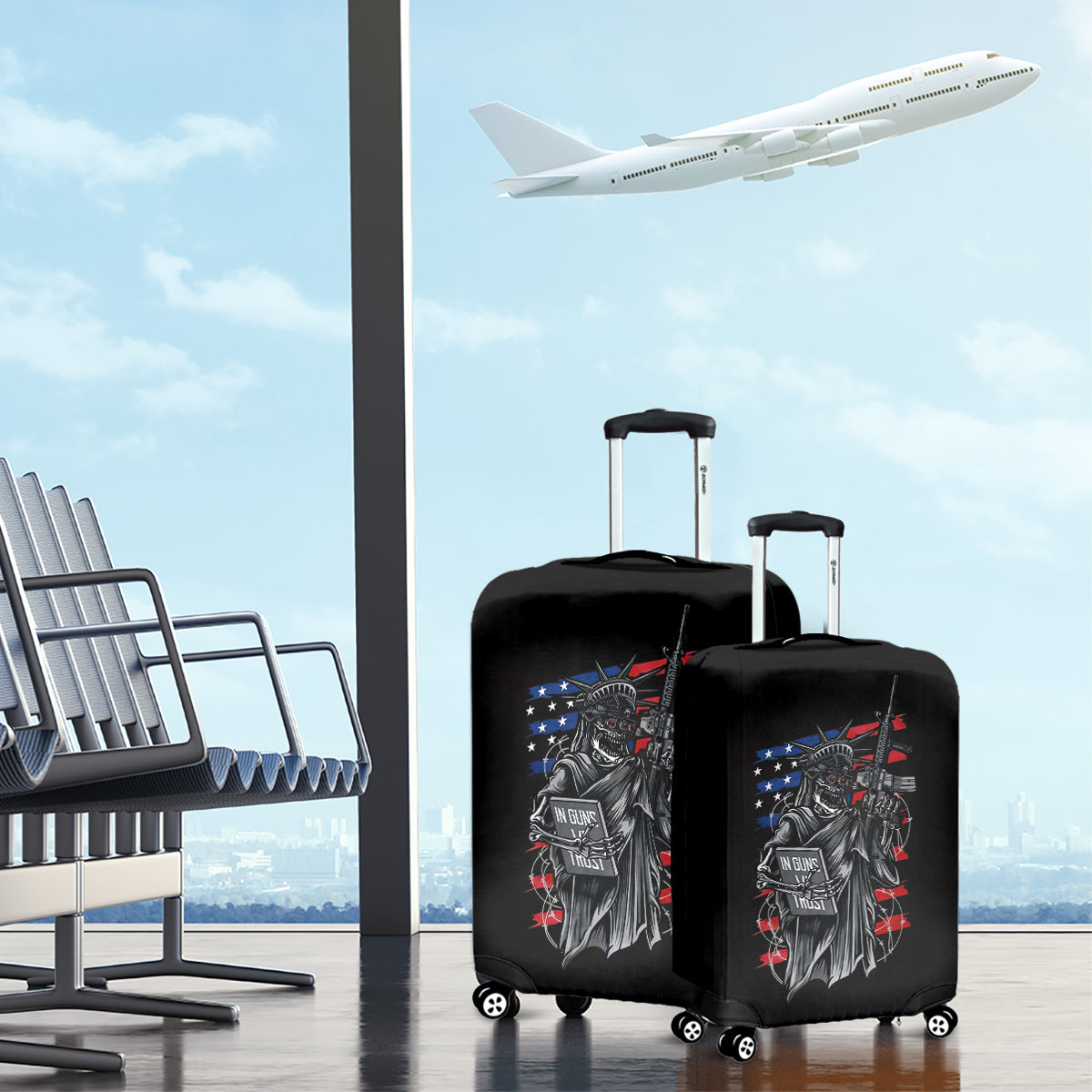 American Skull Luggage Cover In Gun We Trust - Wonder Print Shop