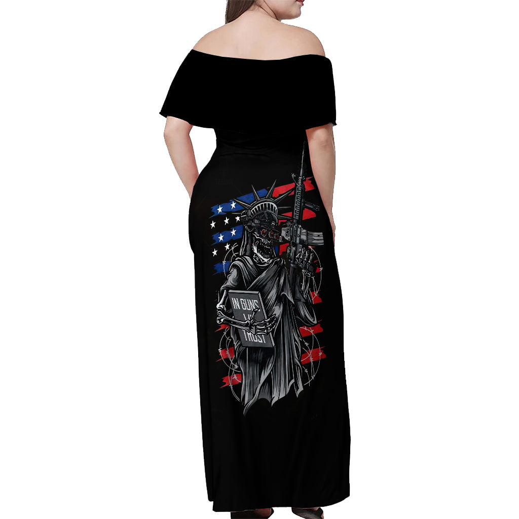 American Skull Off Shoulder Maxi Dress In Gun We Trust - Wonder Print Shop