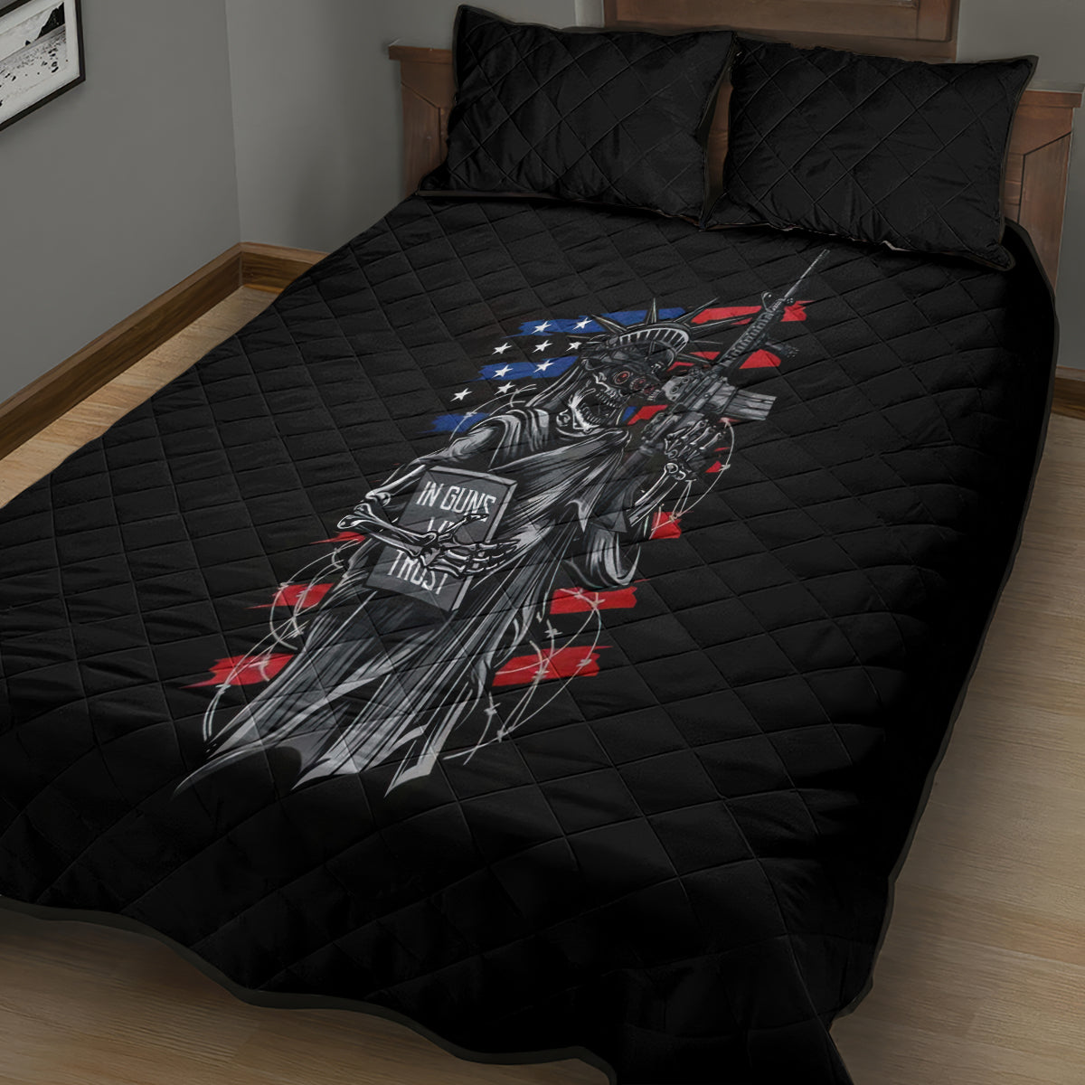 American Skull Quilt Bed Set In Gun We Trust - Wonder Print Shop