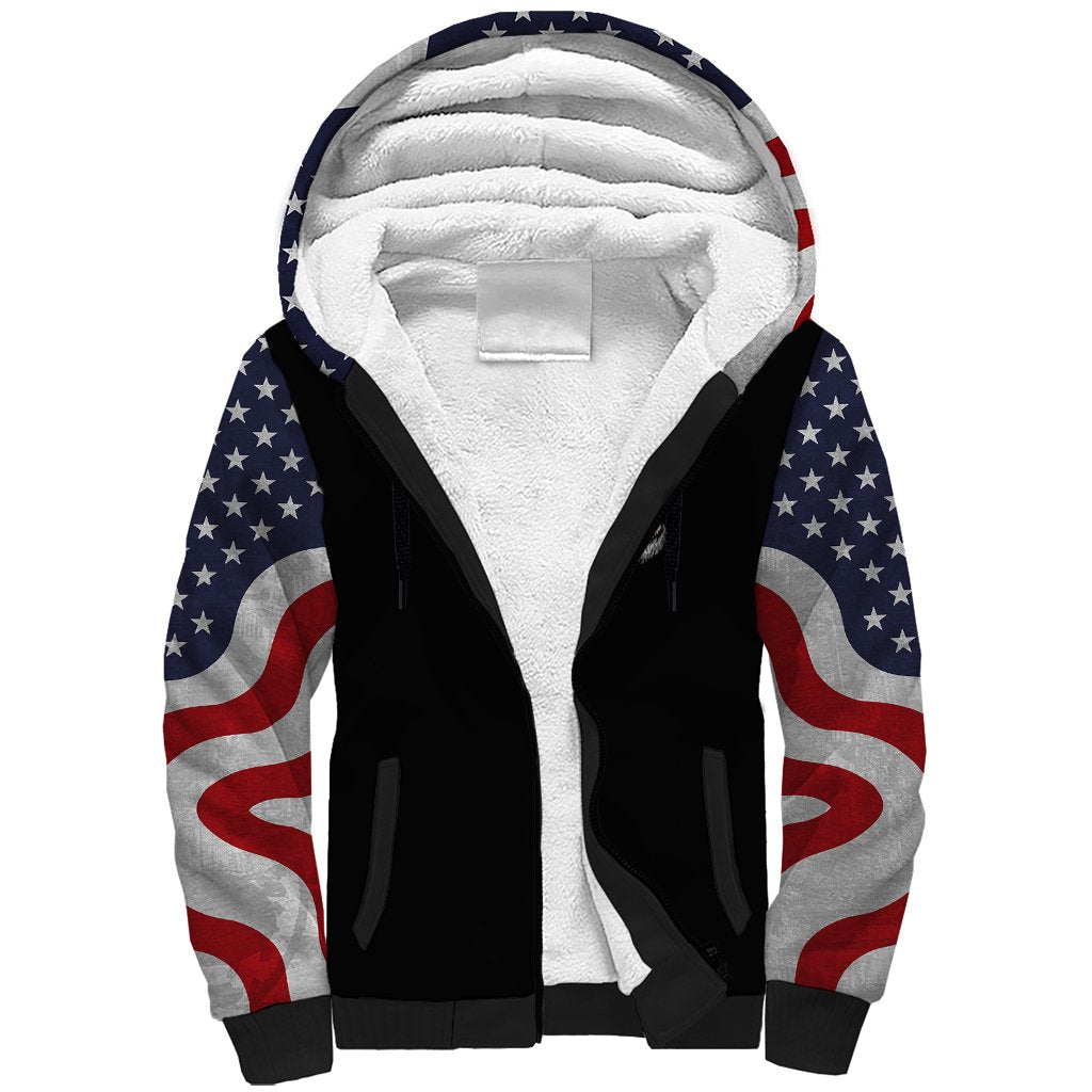 Unisex sherpa hoodie with American flag print sleeves and white sherpa-lined hood