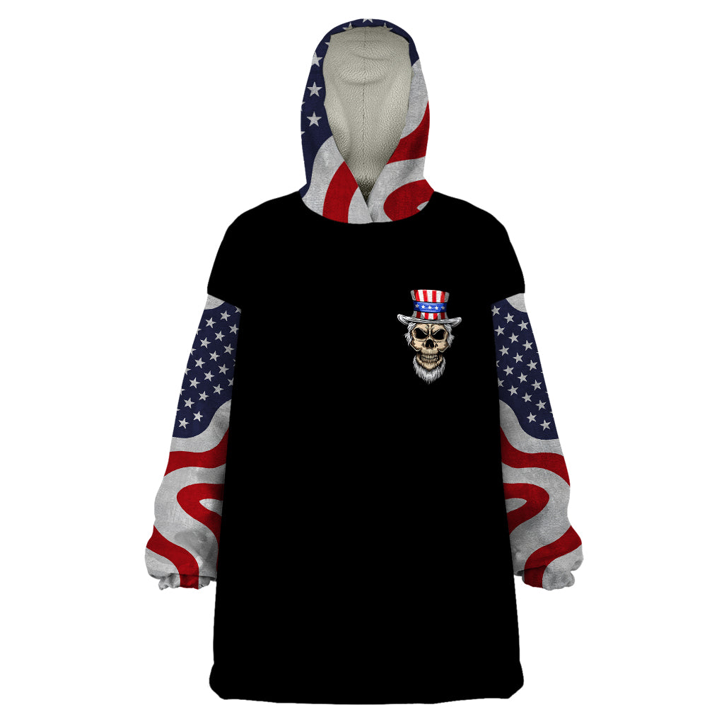 Black wearable blanket hoodie with patriotic flag sleeves and chest skull emblem