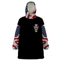 Black wearable blanket hoodie with patriotic flag sleeves and chest skull emblem