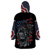 Black wearable blanket hoodie with patriotic flag hood and back skull-and-gun graphic