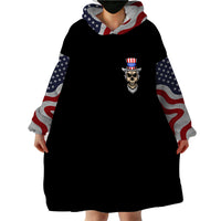 Black wearable blanket hoodie dress with patriotic hood lining and chest skull emblem