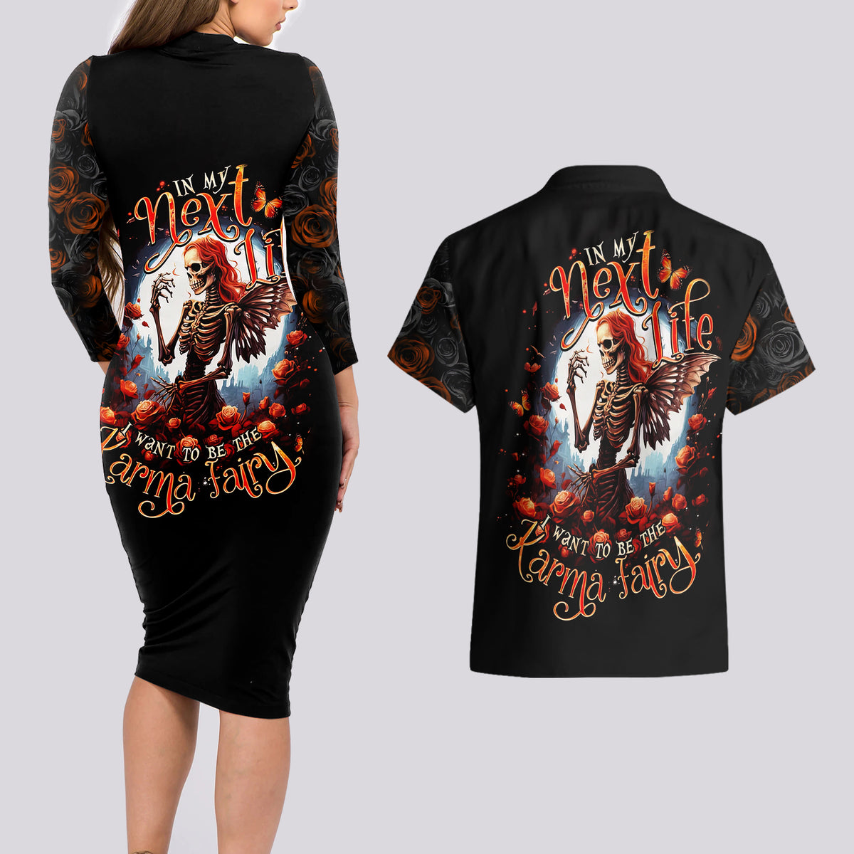 Fairy Skull Couples Matching Long Sleeve Bodycon Dress and Hawaiian Shirt In Next Life I Want To Be The Karma Fairy - Wonder Print Shop