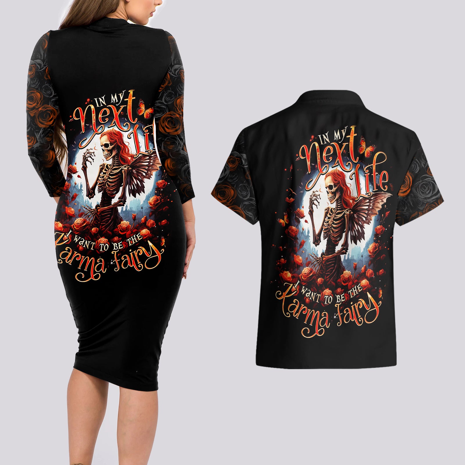 Fairy Skull Couples Matching Long Sleeve Bodycon Dress and Hawaiian Shirt In Next Life I Want To Be The Karma Fairy - Wonder Print Shop