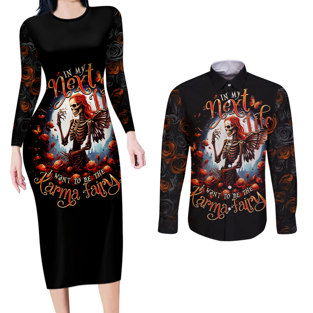 Fairy Skull Couples Matching Long Sleeve Bodycon Dress and Long Sleeve Button Shirts In Next Life I Want To Be The Karma Fairy - Wonder Print Shop