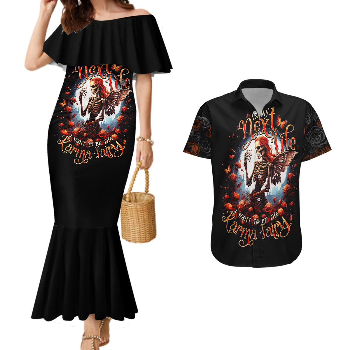 Fairy Skull Couples Matching Mermaid Dress and Hawaiian Shirt In Next Life I Want To Be The Karma Fairy - Wonder Print Shop
