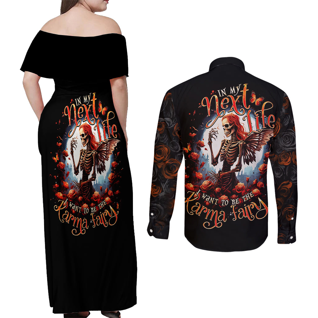 Fairy Skull Couples Matching Off Shoulder Maxi Dress and Long Sleeve Button Shirts In Next Life I Want To Be The Karma Fairy - Wonder Print Shop