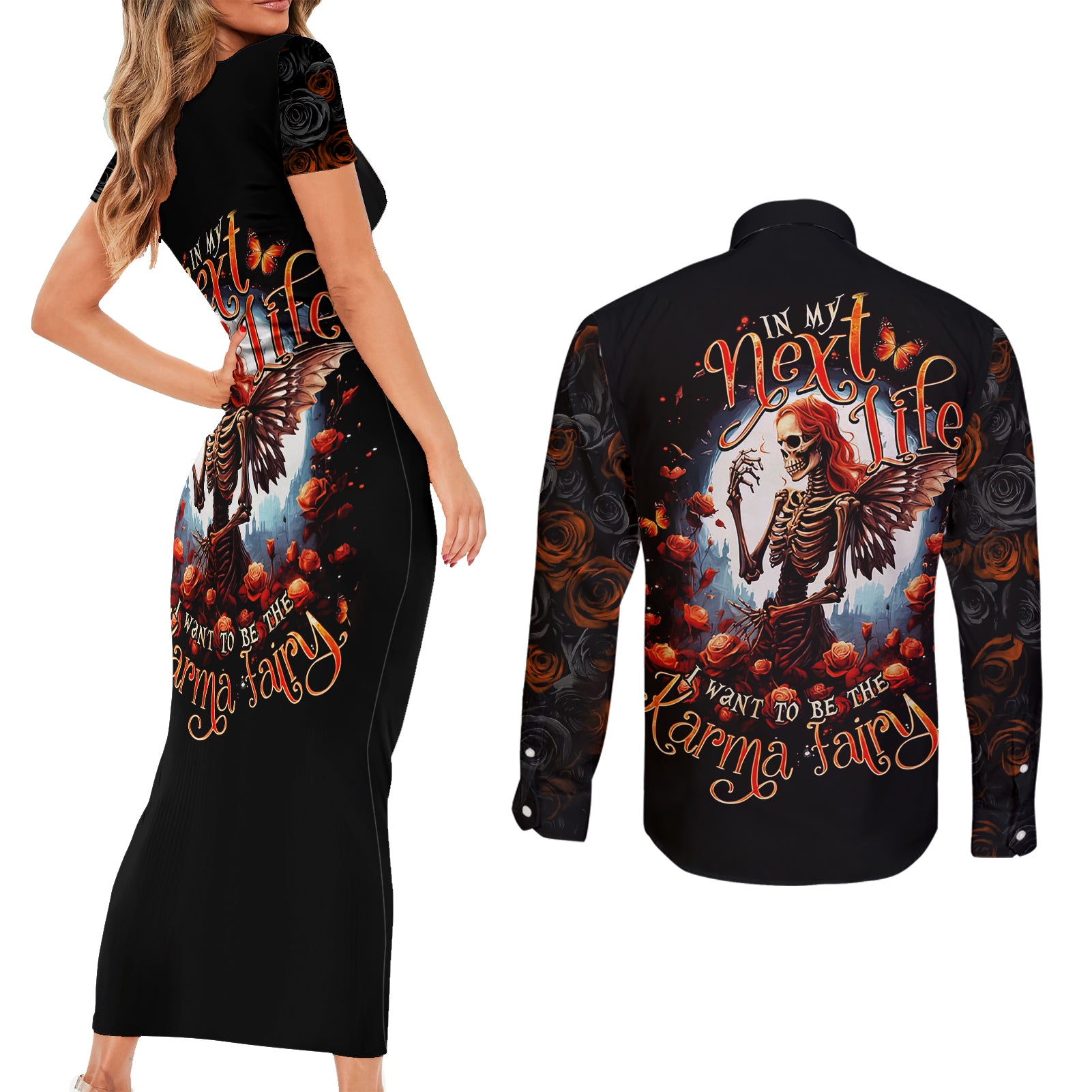 Fairy Skull Couples Matching Short Sleeve Bodycon Dress and Long Sleeve Button Shirts In Next Life I Want To Be The Karma Fairy - Wonder Print Shop