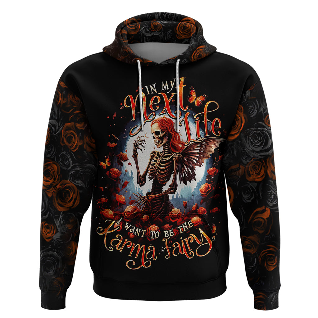 Black pullover hoodie with hood, front art of red fairy skeleton amid roses and flowers