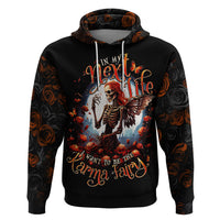 Black pullover hoodie with hood, front art of red fairy skeleton amid roses and flowers