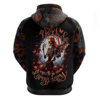Black hoodie with hood, back graphic of red skeleton fairy and roses, Next Life text