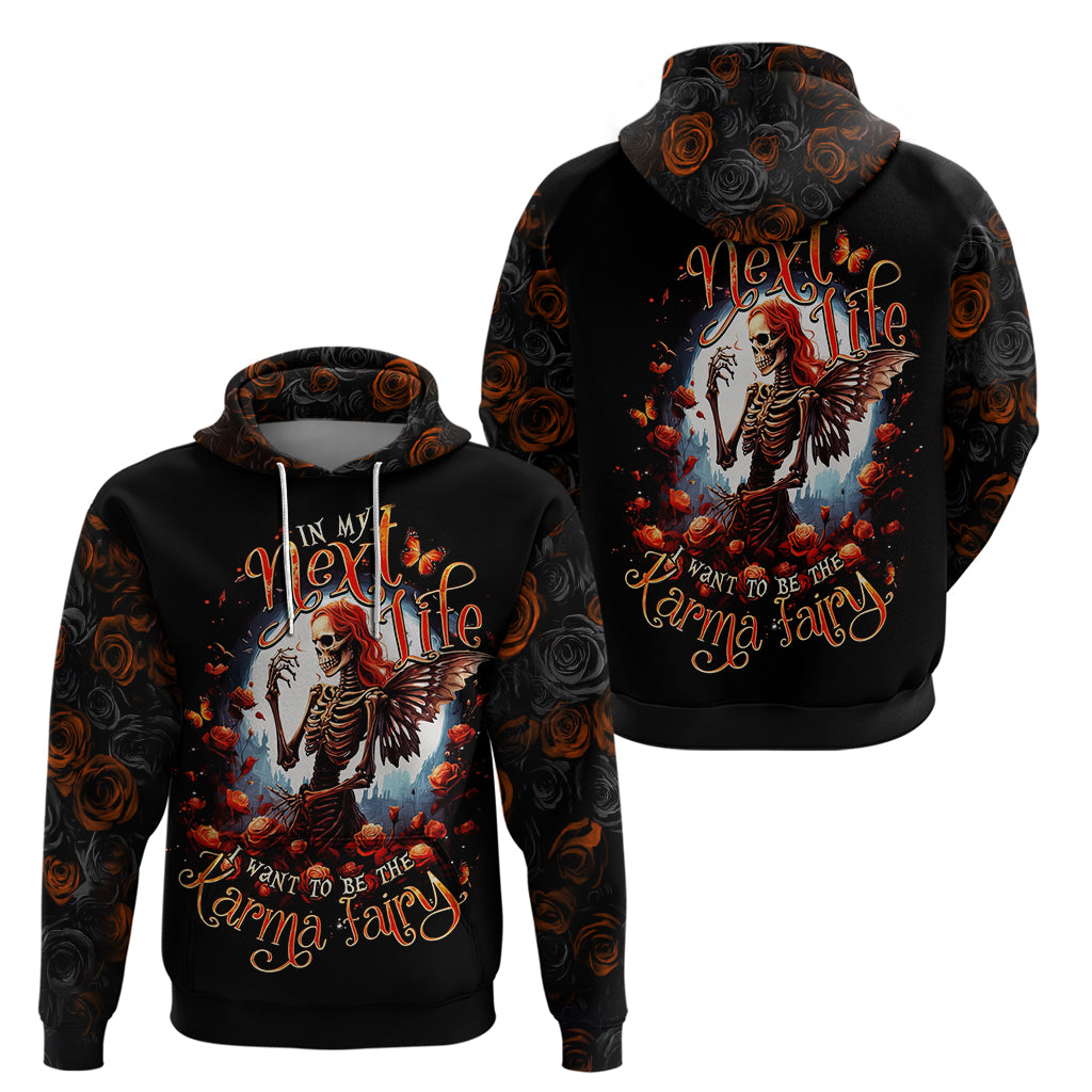 Two black hoodies with hood, skeleton fairy and roses graphic; Next Life text visible