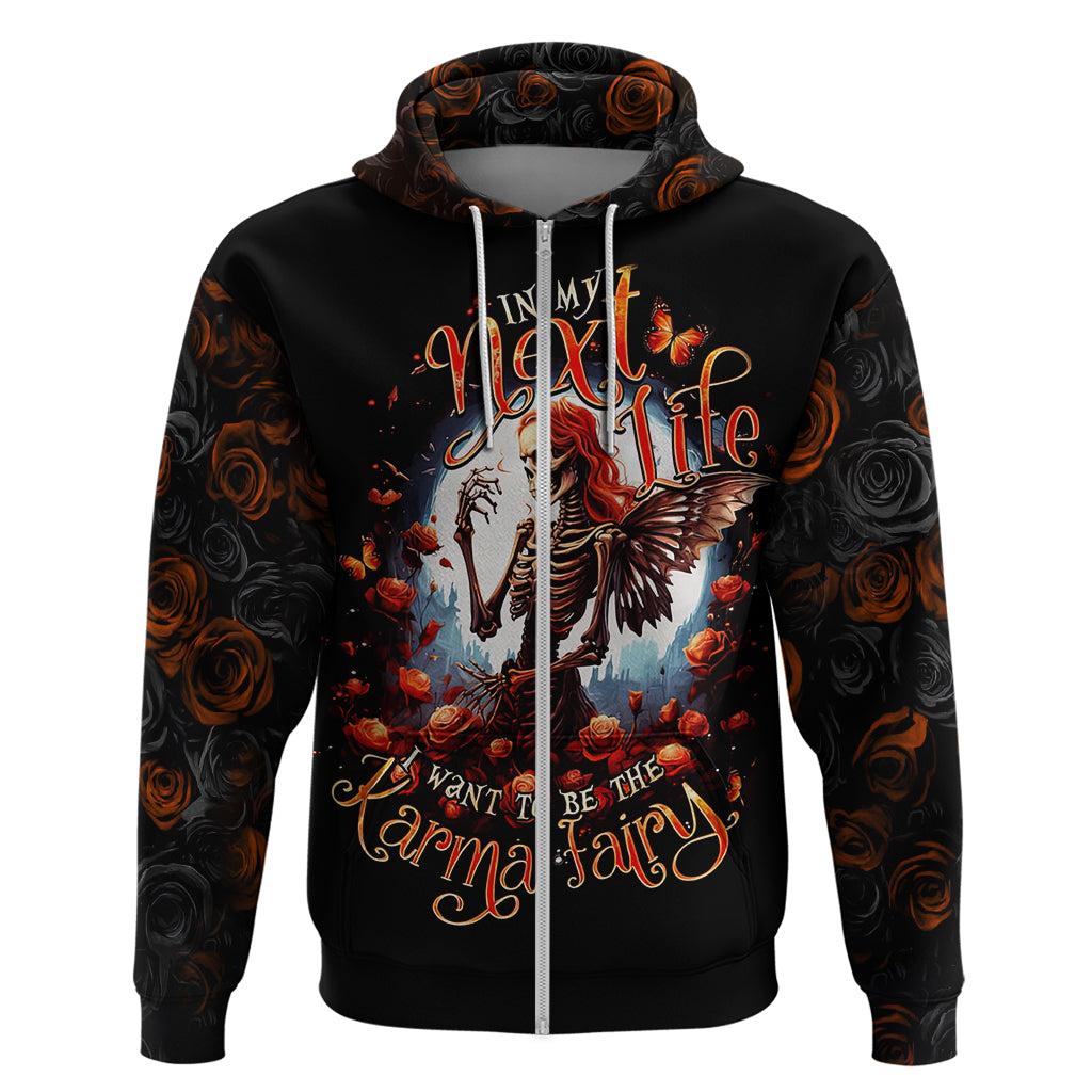Black zip hoodie with hood, front skeleton fairy graphic with roses and floral accents