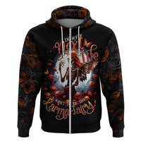 Black zip hoodie with hood, front skeleton fairy graphic with roses and floral accents