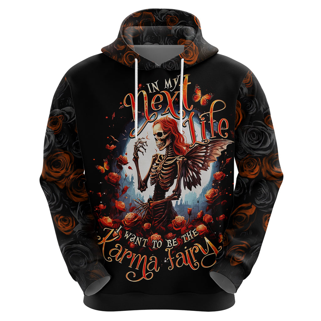 Black hoodie with hood, centered front print of red skeleton fairy and roses, Next Life