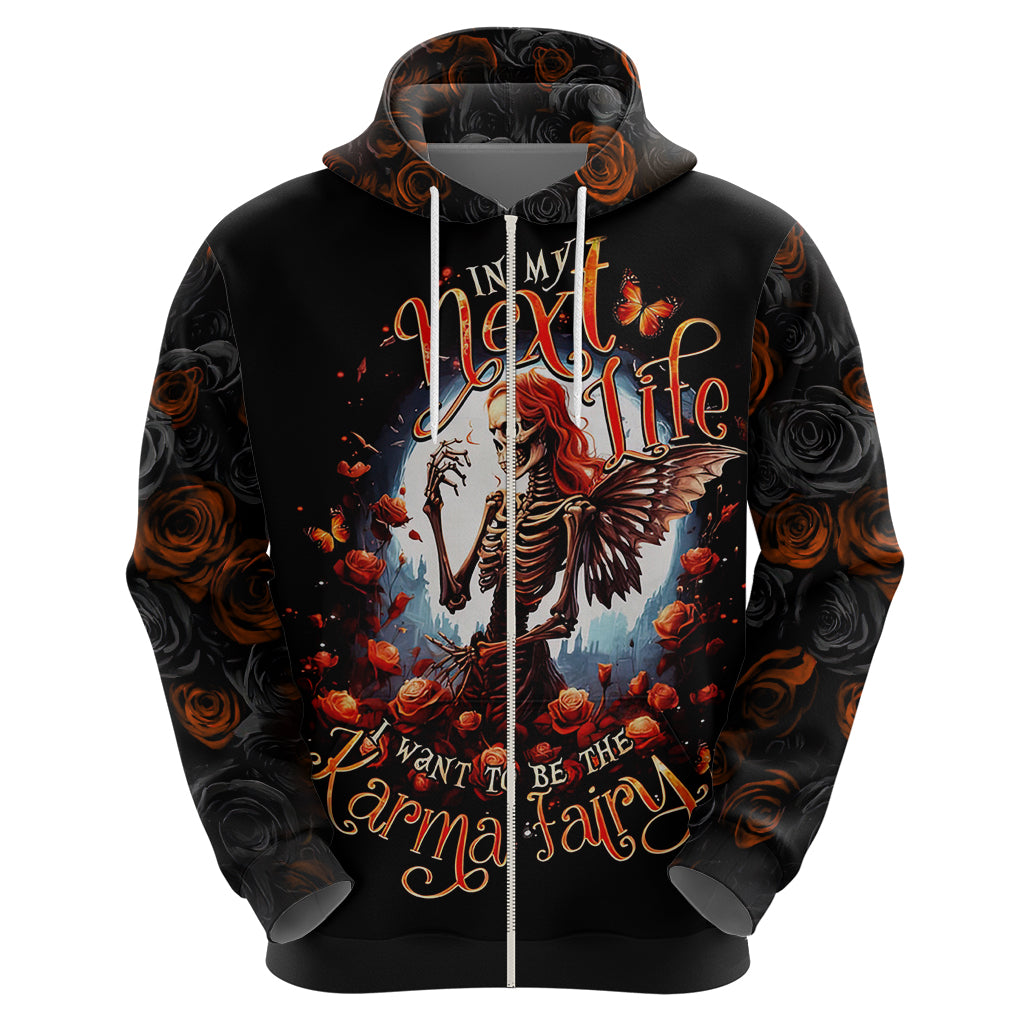 Black zip hoodie with hood, front skeleton fairy graphic with roses; zipper and pocket