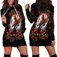 Black hoodie dress front and back view, skull-fairy artwork, hood and long sleeves