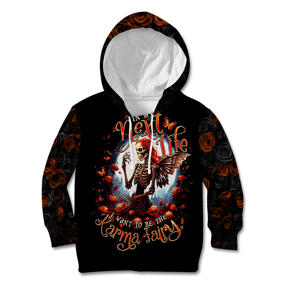 Black pullover hoodie with hood, skeletal fairy and 'Next Life' print on back