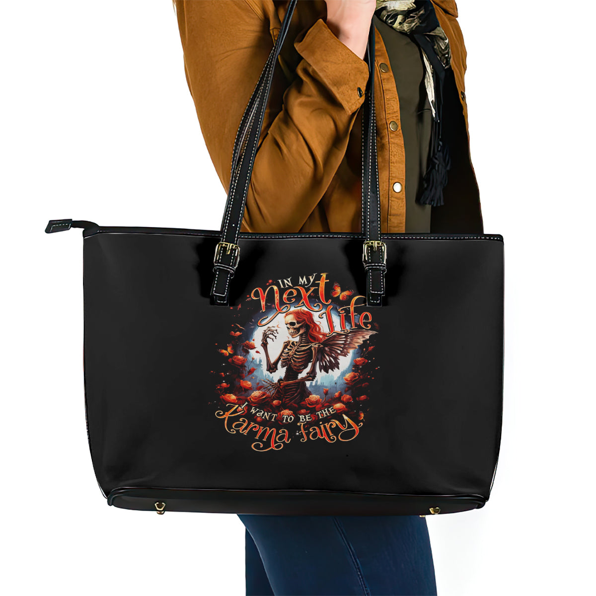 Fairy Skull Leather Tote Bag In Next Life I Want To Be The Karma Fairy - Wonder Print Shop