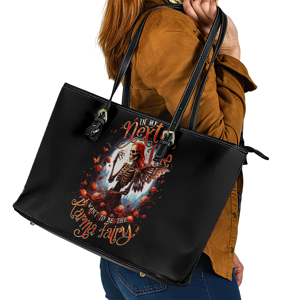 Fairy Skull Leather Tote Bag In Next Life I Want To Be The Karma Fairy - Wonder Print Shop
