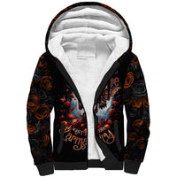 Black sherpa-lined hoodie with bold rose, skull, and butterfly print on front