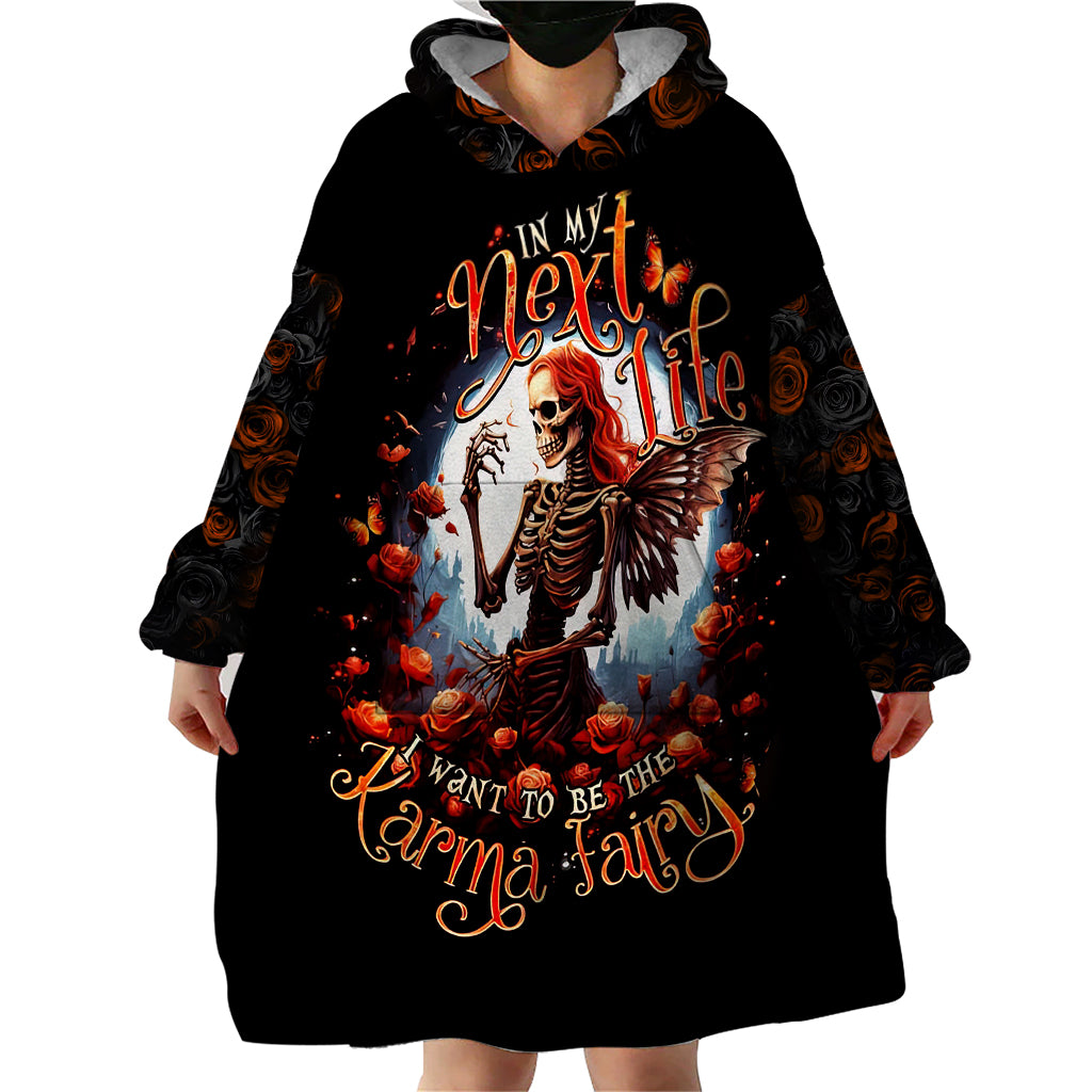 Black wearable blanket hoodie with hood, large front fairy-skeleton artwork