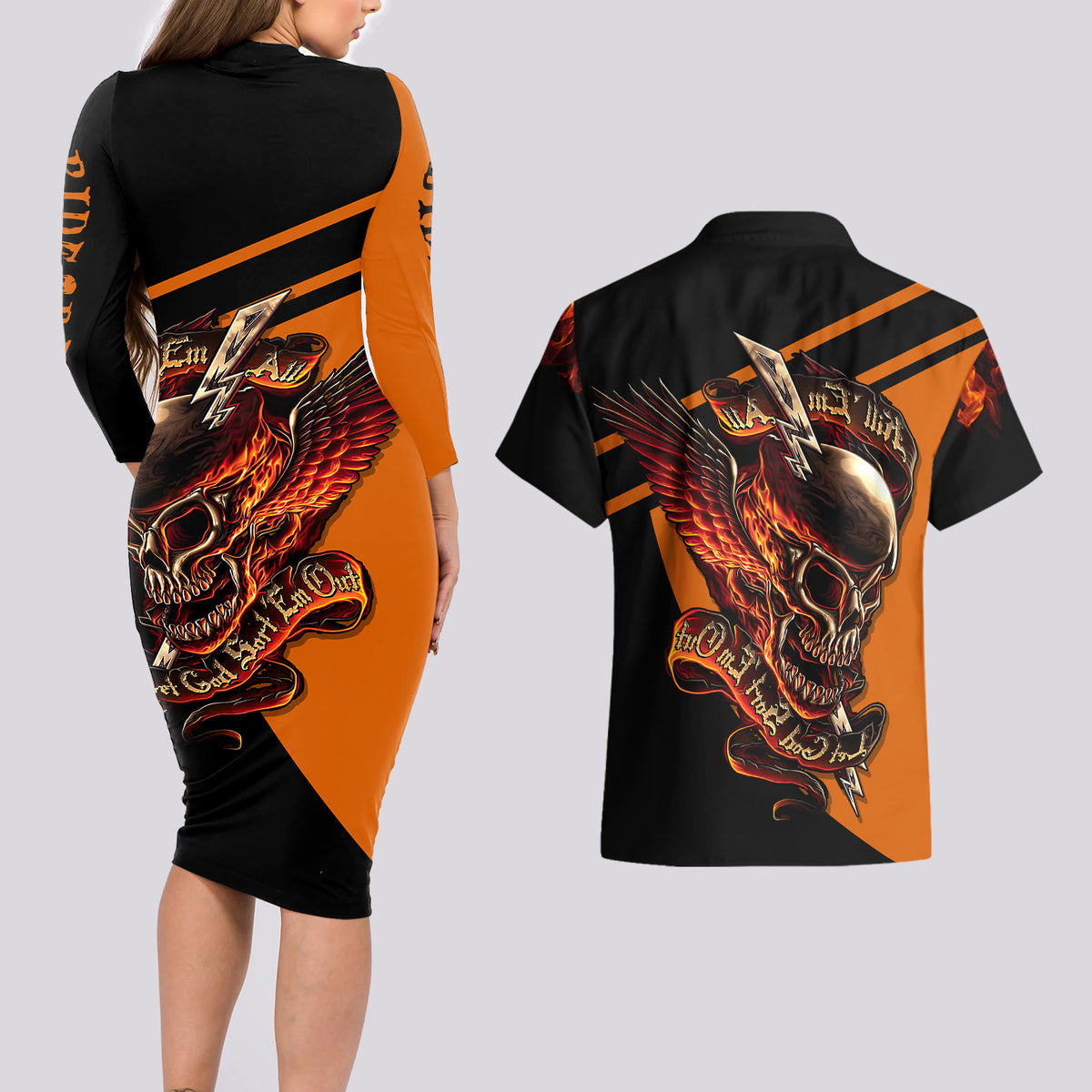Wings Skull Couples Matching Long Sleeve Bodycon Dress and Hawaiian Shirt Kill Them All - Wonder Print Shop