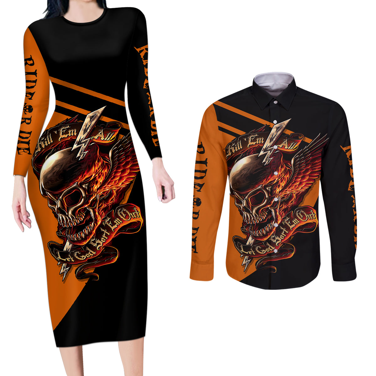 Wings Skull Couples Matching Long Sleeve Bodycon Dress and Long Sleeve Button Shirts Kill Them All - Wonder Print Shop