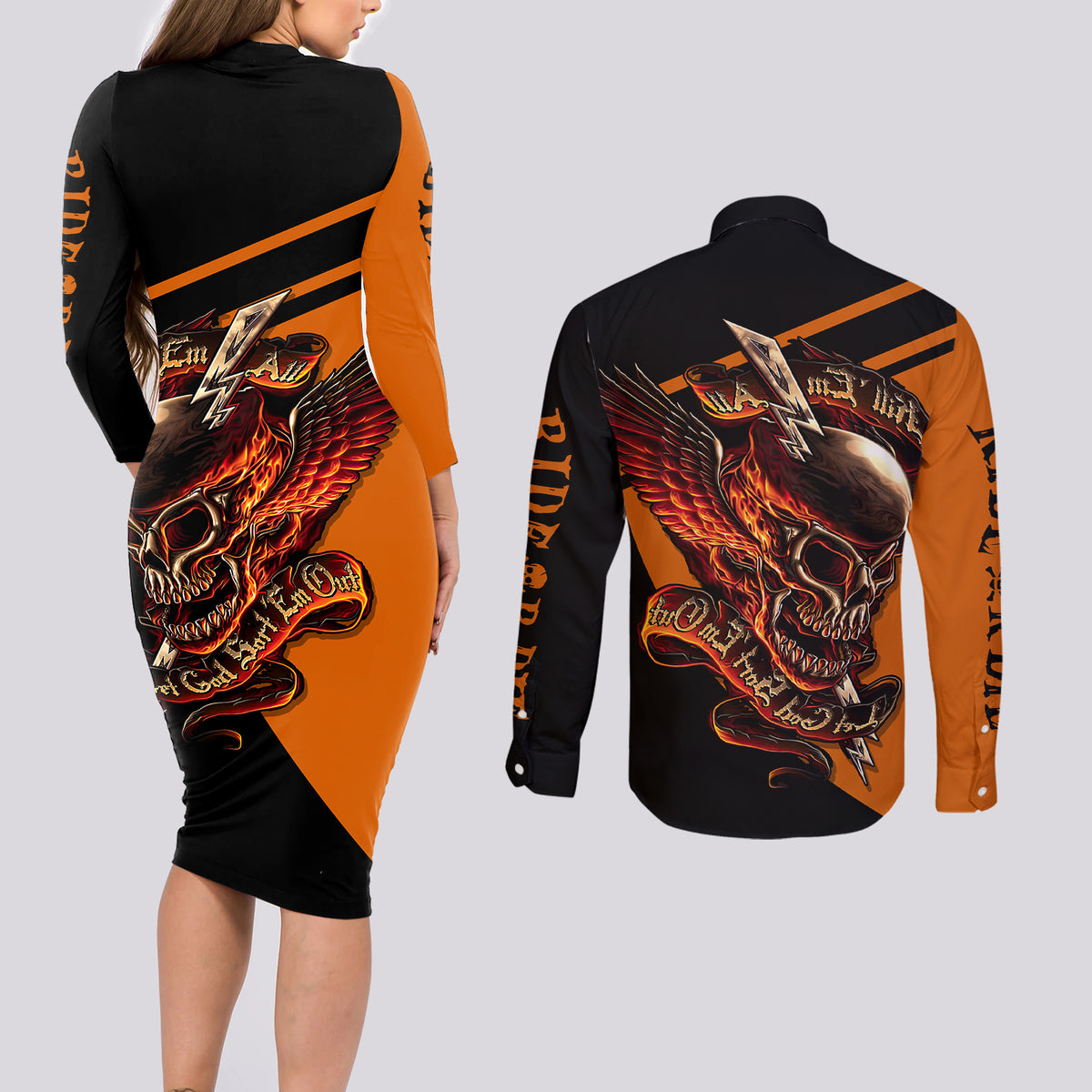 Wings Skull Couples Matching Long Sleeve Bodycon Dress and Long Sleeve Button Shirts Kill Them All - Wonder Print Shop
