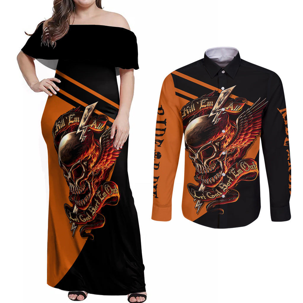 Wings Skull Couples Matching Off Shoulder Maxi Dress and Long Sleeve Button Shirts Kill Them All - Wonder Print Shop