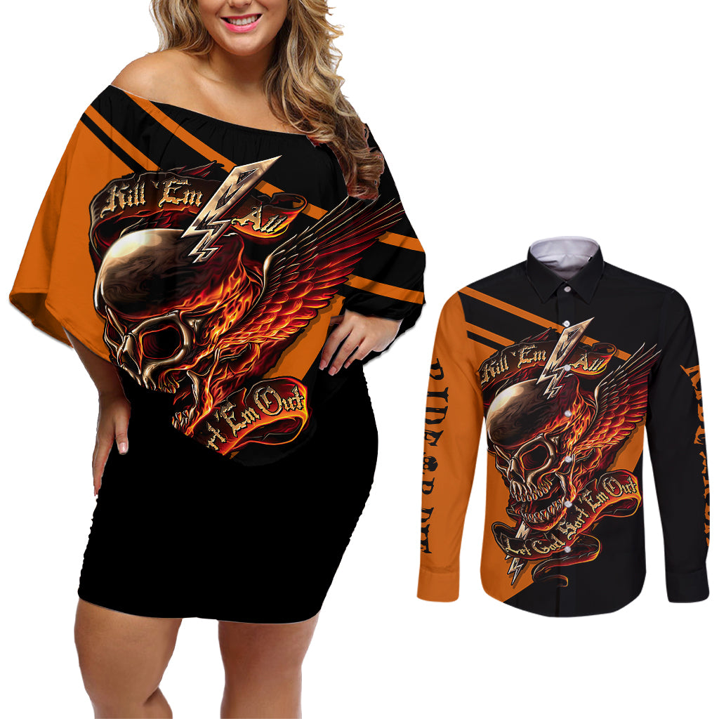 Wings Skull Couples Matching Off Shoulder Short Dress and Long Sleeve Button Shirts Kill Them All - Wonder Print Shop