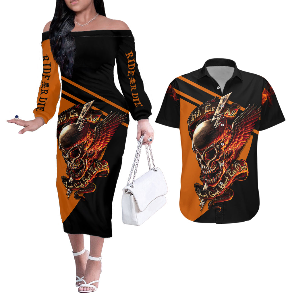 Wings Skull Couples Matching Off The Shoulder Long Sleeve Dress and Hawaiian Shirt Kill Them All - Wonder Print Shop