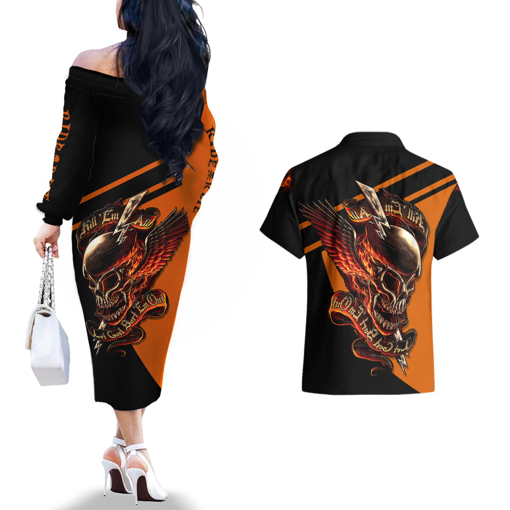 Wings Skull Couples Matching Off The Shoulder Long Sleeve Dress and Hawaiian Shirt Kill Them All - Wonder Print Shop