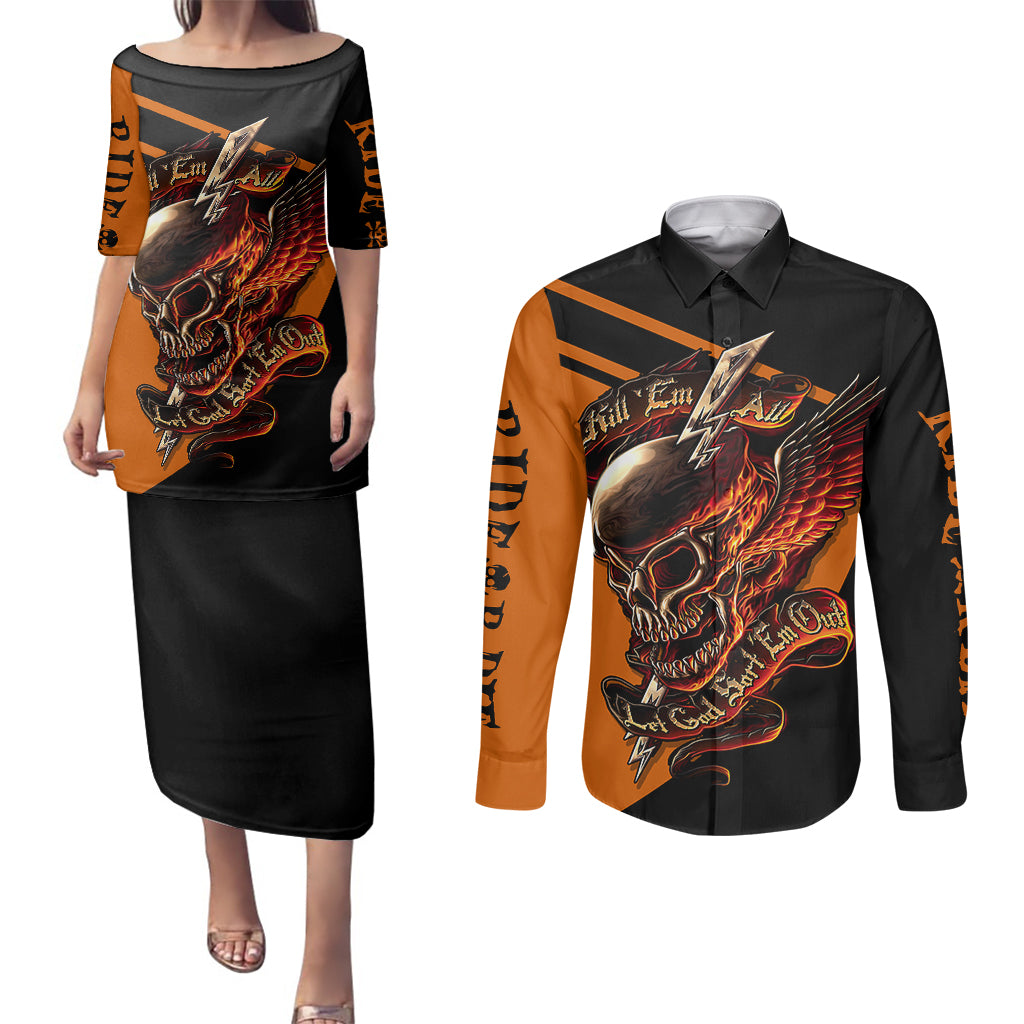 Wings Skull Couples Matching Puletasi Dress and Long Sleeve Button Shirts Kill Them All - Wonder Print Shop