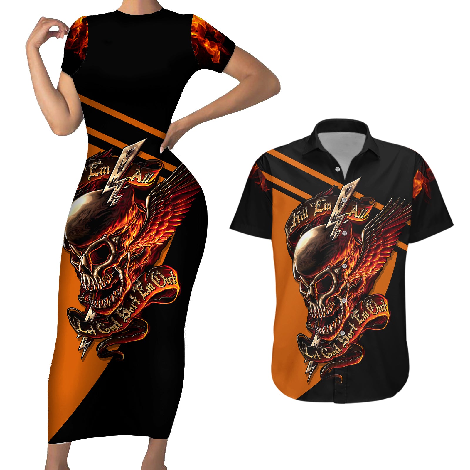 Wings Skull Couples Matching Short Sleeve Bodycon Dress and Hawaiian Shirt Kill Them All - Wonder Print Shop