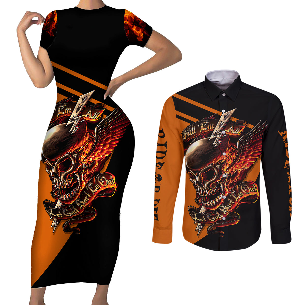 Wings Skull Couples Matching Short Sleeve Bodycon Dress and Long Sleeve Button Shirts Kill Them All - Wonder Print Shop