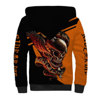 Back of black and orange sherpa hoodie with large skull wings artwork and hood