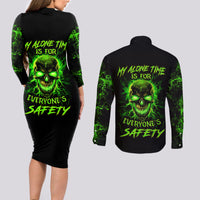 Flame Skull Couples Matching Long Sleeve Bodycon Dress and Long Sleeve Button Shirts My Alone TIme Is For Everyone Safe - Wonder Print Shop