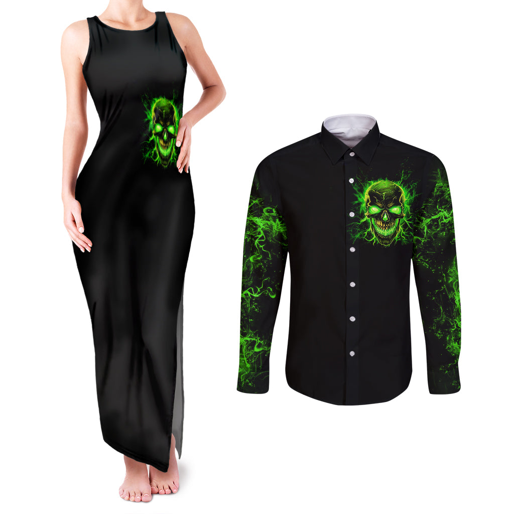 Flame Skull Couples Matching Tank Maxi Dress and Long Sleeve Button Shirts My Alone TIme Is For Everyone Safe - Wonder Print Shop