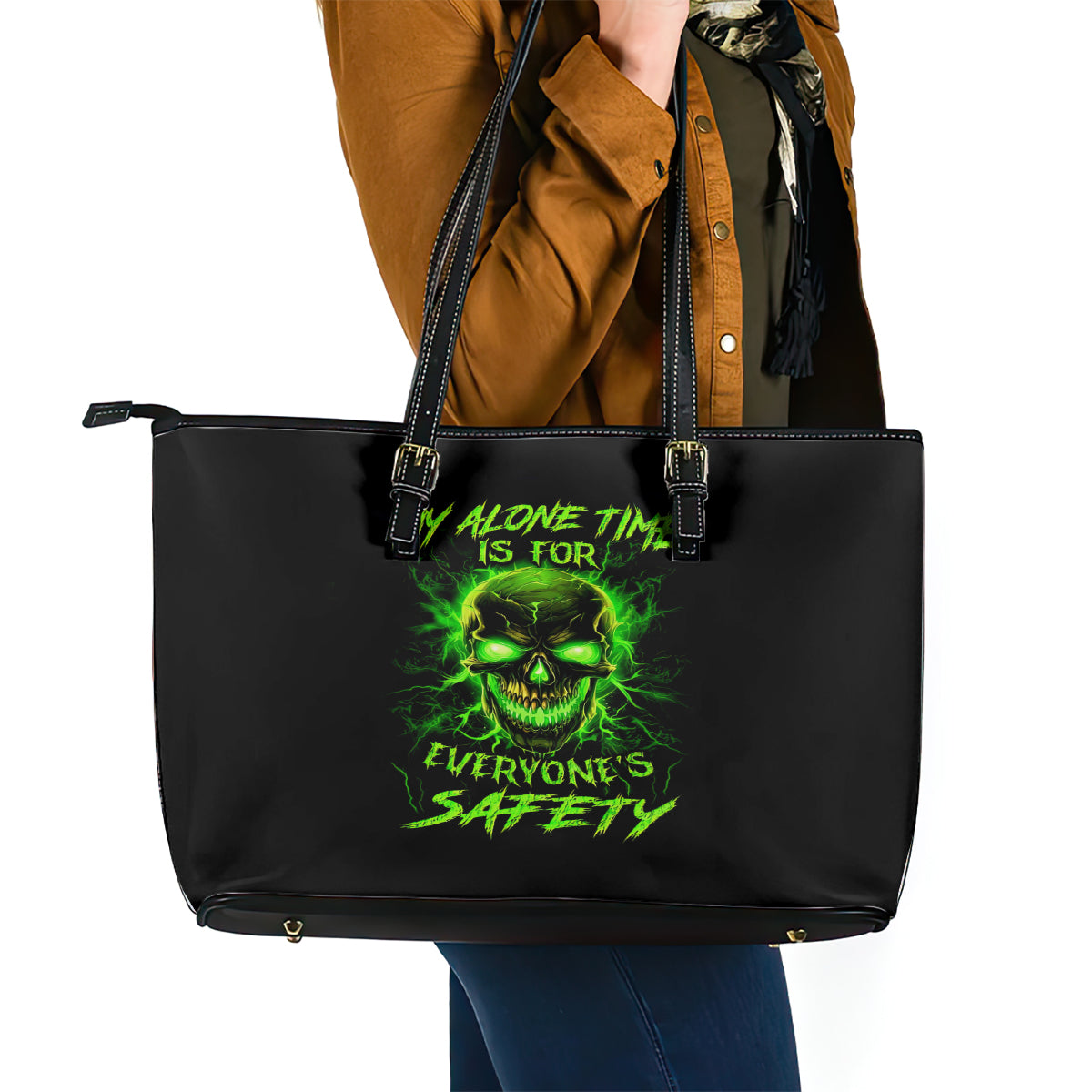 Flame Skull Leather Tote Bag My Alone TIme Is For Everyone Safe - Wonder Print Shop