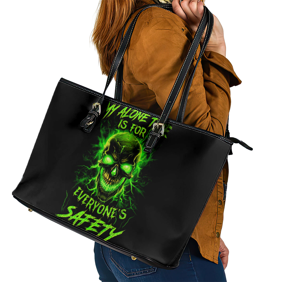 Flame Skull Leather Tote Bag My Alone TIme Is For Everyone Safe - Wonder Print Shop