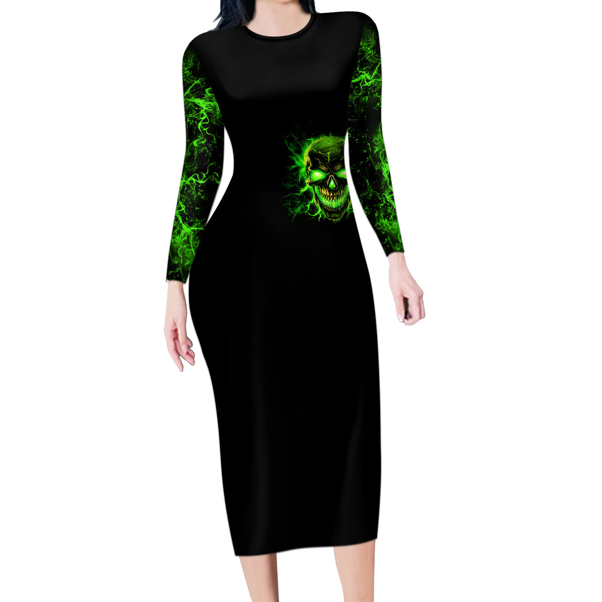 Flame Skull Long Sleeve Bodycon Dress My Alone TIme Is For Everyone Safe - Wonder Print Shop
