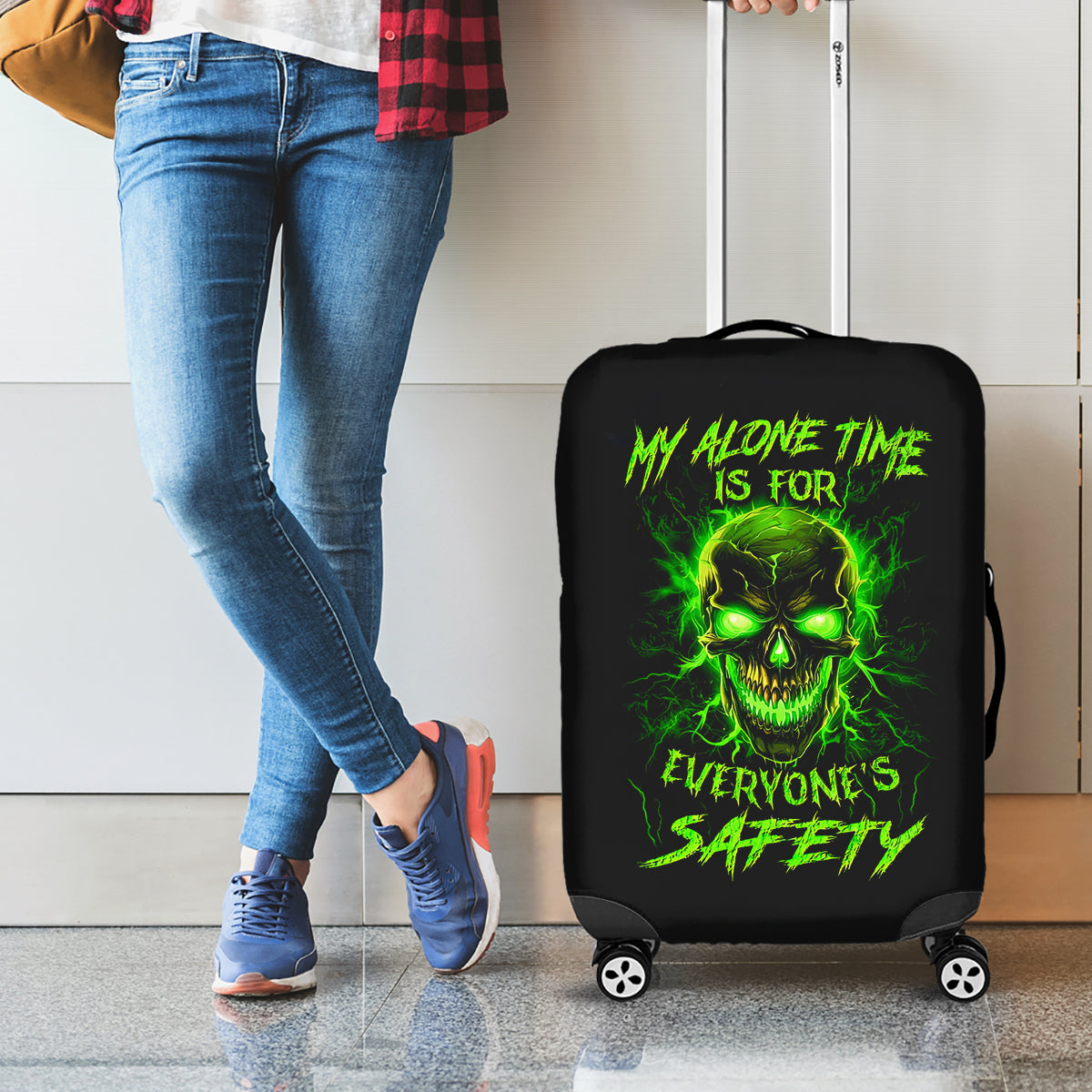 Flame Skull Luggage Cover My Alone TIme Is For Everyone Safe - Wonder Print Shop