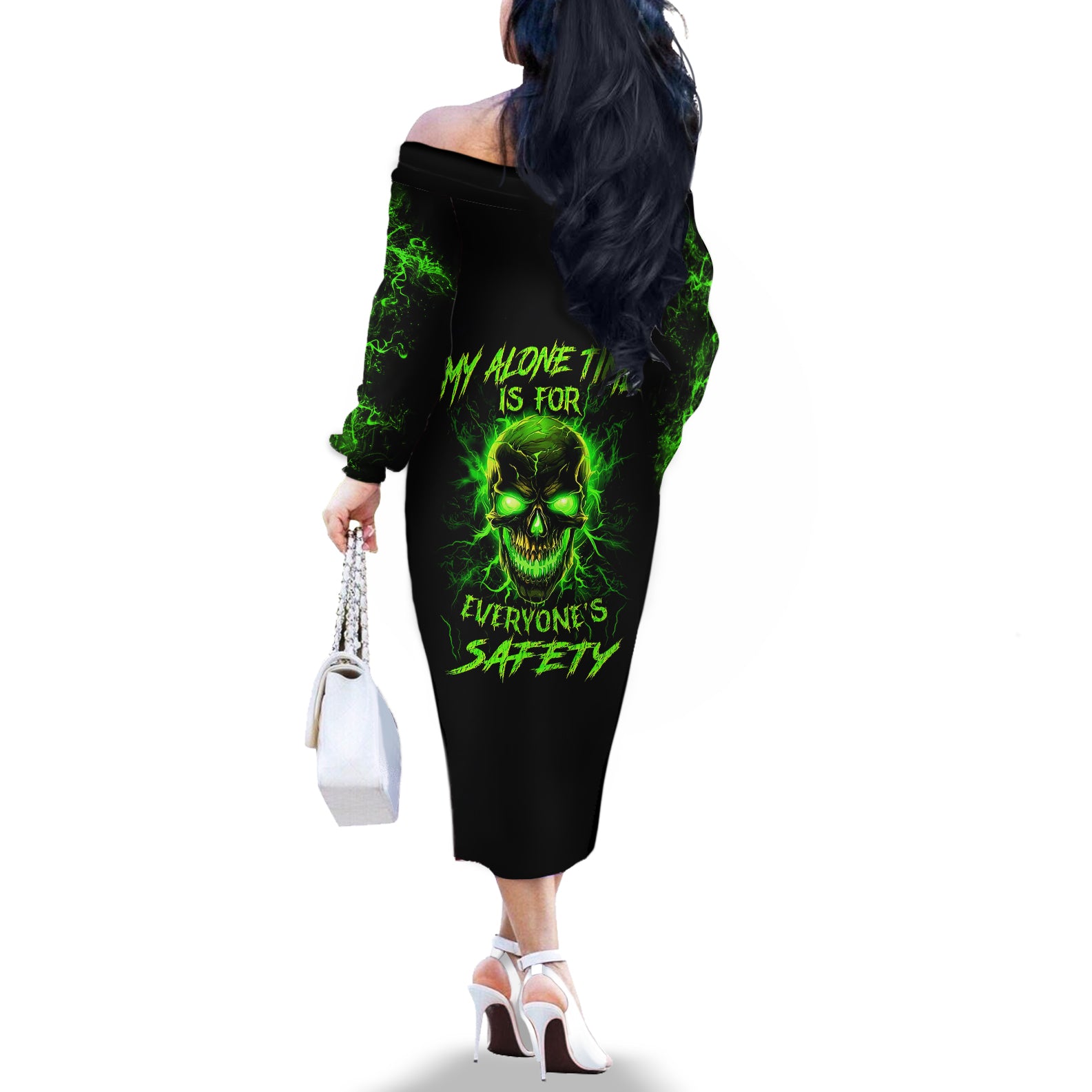 Flame Skull Off The Shoulder Long Sleeve Dress My Alone TIme Is For Everyone Safe - Wonder Print Shop
