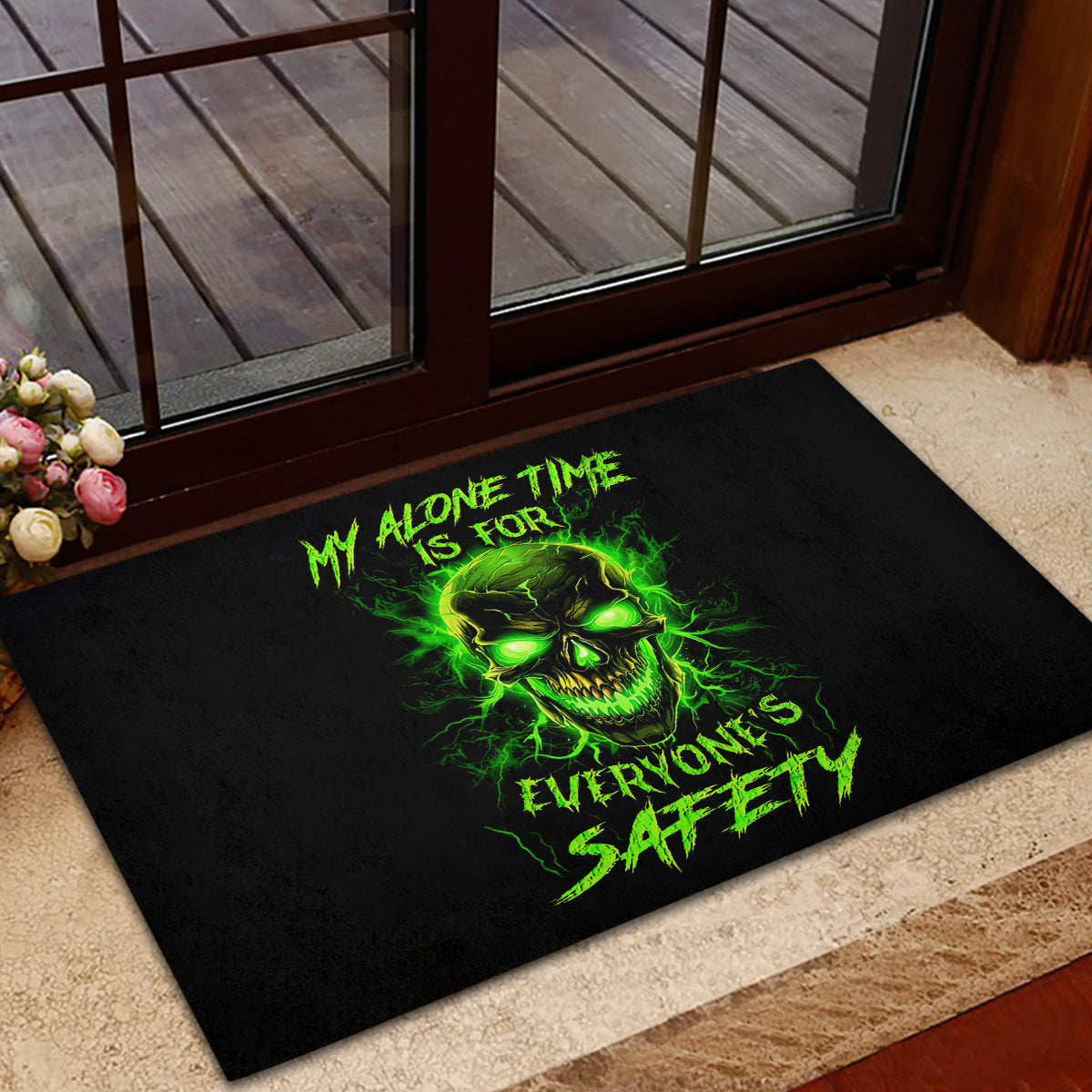 Flame Skull Rubber Doormat My Alone TIme Is For Everyone Safe - Wonder Print Shop
